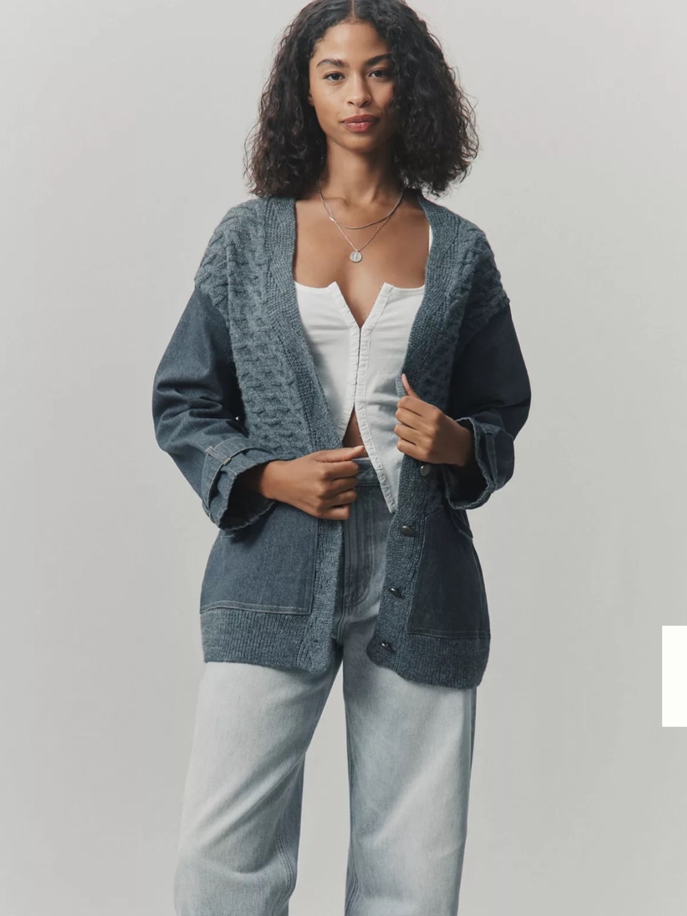 Cozy Open-Front Knit Trim Cardigan Jacket - Slate Gray